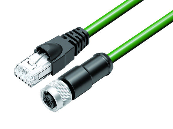 Binder 77-9753-4530-50704-0200 M12-D Connecting cable female cable connector - RJ45 connector, Contacts: 4, shielded, moulded on the cable, IP67, Profinet/Ethernet CAT5e, PUR, green, 4 x AWG 22, 2 m | American Cable Assemblies