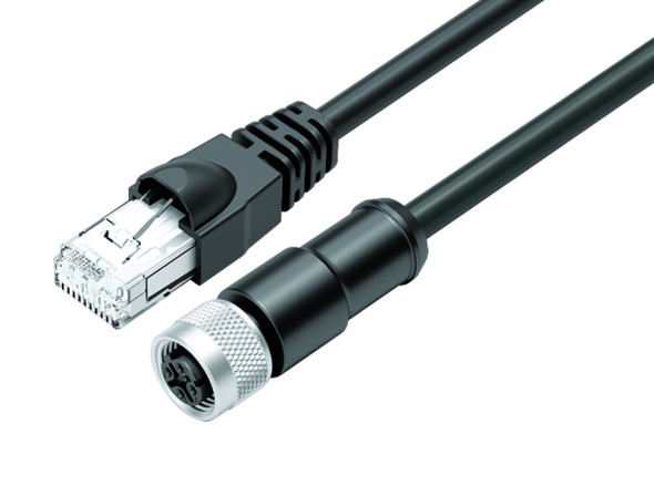 Binder 77-9753-4530-64704-0030 M12-D Connecting cable female cable connector - RJ45 connector, Contacts: 4, shielded, moulded on the cable, IP67, Ethernet CAT5e, TPE, black, 2 x 2 x AWG 24, 0.3 m | American Cable Assemblies
