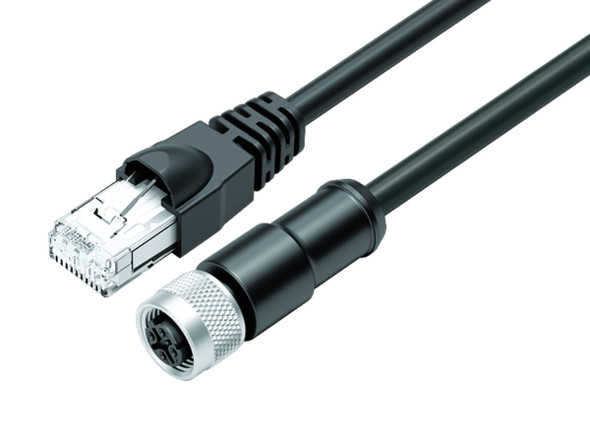 Binder 77-9753-4530-64704-0200 M12-D Connecting cable female cable connector - RJ45 connector, Contacts: 4, shielded, moulded on the cable, IP67, Ethernet CAT5e, TPE, black, 2 x 2 x AWG 24, 2 m | American Cable Assemblies