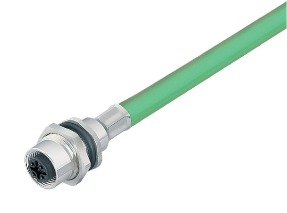 Binder 70-3734-706-04 M12-D Female panel mount connector, Contacts: 4, shielded, with cable assembled, IP67, PG 9, Profinet, PUR, green, 2 x 2 x AWG 22, front fastened, 0.5 m | American Cable Assemblies