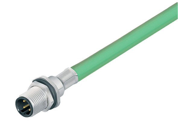 Binder 70-3733-706-04 M12-D Male panel mount connector, Contacts: 4, shielded, with cable assembled, IP67, PG 9, Profinet, PUR, green, 2 x 2 x AWG 22, front fastened, 0.5 m | American Cable Assemblies