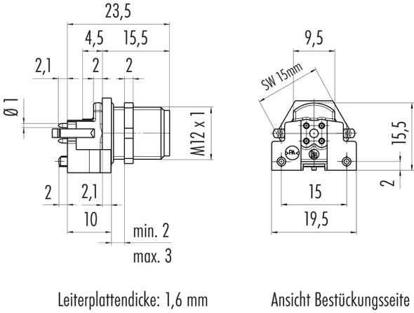 Binder 99-3731-200-04 M12-D Male panel mount connector, Contacts: 4, unshielded, THR, IP67, UL, for the power supply, two-part design