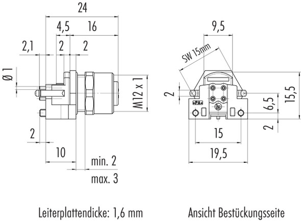 Binder 99-3732-201-04 M12-D Female panel mount connector, Contacts: 4, shieldable, THR, IP67, UL, M12x1,0