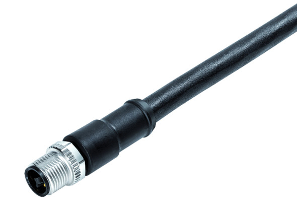 Binder 77-0629-0000-50704-0500 M12-T Male cable connector, Contacts: 4, unshielded, moulded on the cable, IP68, PUR, black, 4 x 1.50 mm², 5 m | American Cable Assemblies
