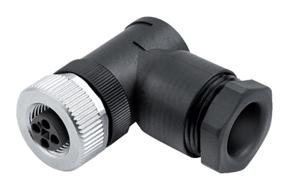 Binder 99-0630-58-04 M12-T Female angled connector, Contacts: 4, 8.0-10.0 mm, unshielded, screw clamp, IP67, UL, VDE | American Cable Assemblies