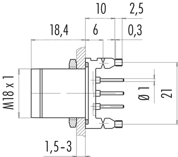 Binder 09-0441-090-04 M18 Male panel mount connector, Contacts: 4, unshielded, THT, IP67, front fastened