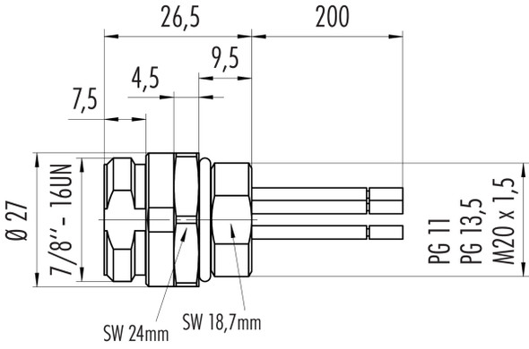 Binder 09-2447-310-03 7/8" Male panel mount connector, Contacts: 2+PE, unshielded, single wires, IP68, UL, VDE, PG 11