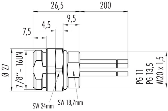 Binder 09-2447-320-03 7/8" Male panel mount connector, Contacts: 2+PE, unshielded, single wires, IP68, UL, VDE, M20x1,5