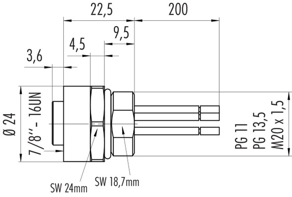 Binder 09-2446-310-03 7/8" Female panel mount connector, Contacts: 2+PE, unshielded, single wires, IP68, UL, VDE, PG 11