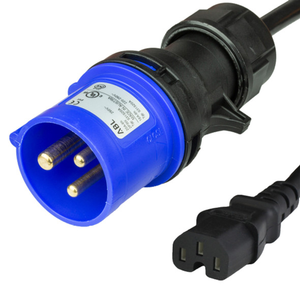 EC 60309 6H 2P+E Splashproof BLUE PLUG to IEC60320 C15 15A 250V BLACK