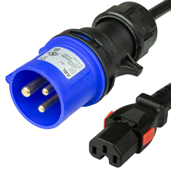 IEC 60309 6H 2P+E Splashproof BLUE PLUG to C15 LOCKING 15A 250V BLACK