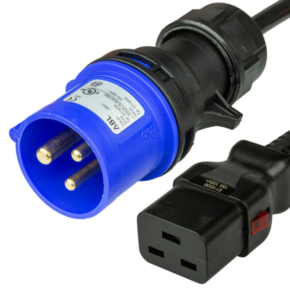 IEC60309 6H 2P+E BLUE PLUG to IEC60320 C19 LOCKING 15A 250V 14awg SJT BLACK Power Cord