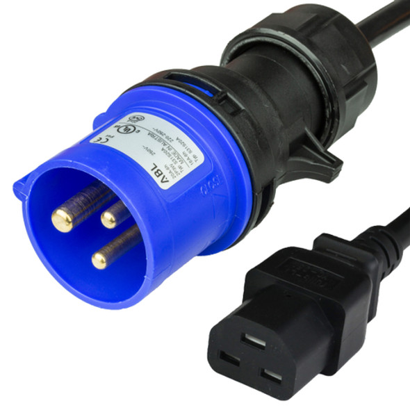 IEC60309 6H 2P+E 20A BLUE PLUG to IEC60320 C21 20A 250V 12awg SJT BLACK Power Cord
