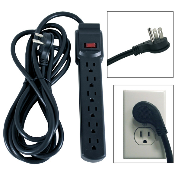 Shaxon SH-PYF-72S-12BK 6 AC Outlet Flat Plug Power Strip, Surge Protected, 12 Foot Cord, Black| American Cable Assemblies