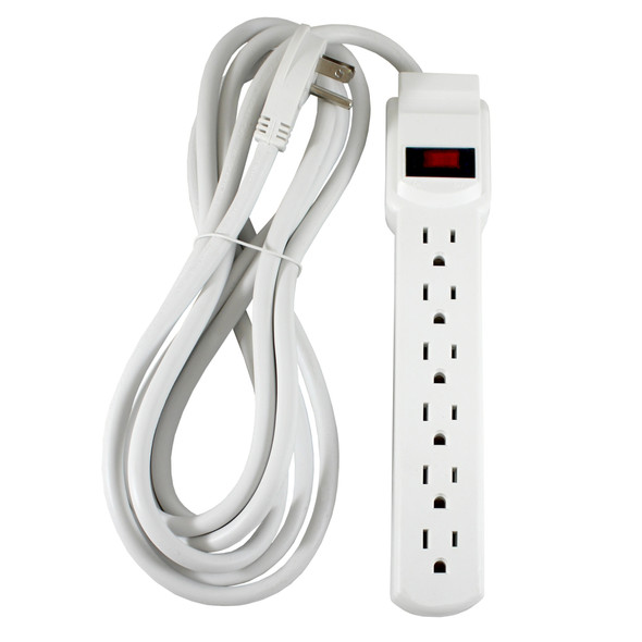 Shaxon SH-PYF-72S-12 6 AC Outlet Flat Plug Power Strip, Surge Protected, 12 Foot Cord, White| American Cable Assemblies