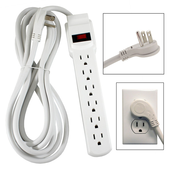 Shaxon SH-PYF-72S-12 6 AC Outlet Flat Plug Power Strip, Surge Protected, 12 Foot Cord, White| American Cable Assemblies