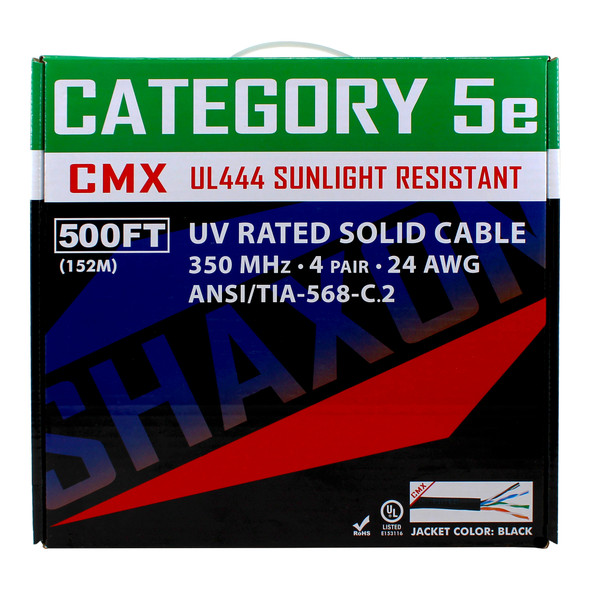Shaxon SH-UV625-8BK-500 Category 5e, 4 Pair Solid, 500 Foot Box, UV Resistant Black| American Cable Assemblies