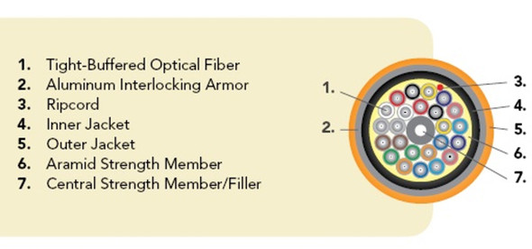 OCC DX048DWLS9ORI2 OCC, DX, Distribution Series, 48-Strand, 900um Tight Buffered, Indoor/Outdoor, ILA Armored, OFNR Rated, OM1, 62.5/125, Multimode, Orange Jacket (Priced Per Foot) {Qty. 1000, $6.36/ea.}