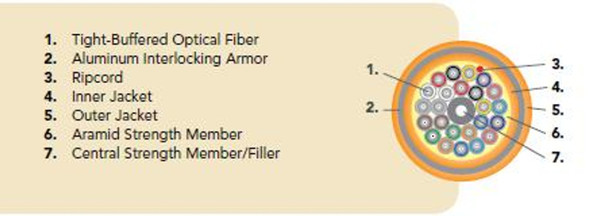 OCC DX036DWLS9OPI6 OCC, DX, Distribution Series, 36-Strand, 900um Tight Buffered, Indoor/Outdoor, ILA Armored, OFNP Rated, OM1, 62.5/125, Multimode, Orange Jacket (Priced Per Foot)