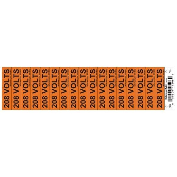 HellermannTyton 596-00933 Labels and Industrial Warning Signs Voltage Marker, .50" x 2.25", 208 Volts, Vinyl, Orange, 17/card, 50 cards/pkg | American Cable Assemblies
