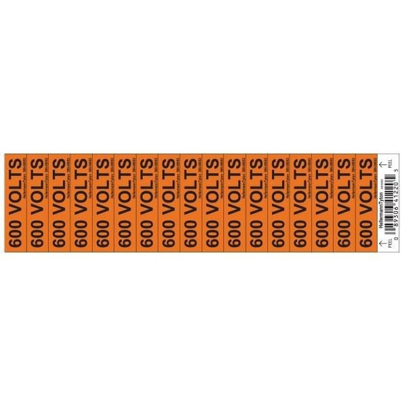 HellermannTyton 596-00953 Labels and Industrial Warning Signs Voltage Marker, .50" x 2.25", 600 Volts, Vinyl, Orange, 17/card, 50 cards/pkg | American Cable Assemblies