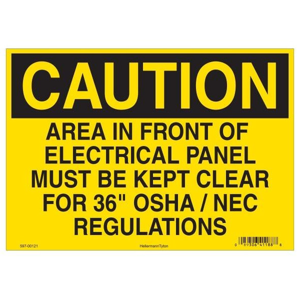 HellermannTyton 597-00122 Labels and Industrial Warning Signs Caution Sign, 10" x 14", Area in Front of Electrical Panel Must Be Kept Clear, Vinyl, Yellow, 25/pkg | American Cable Assemblies