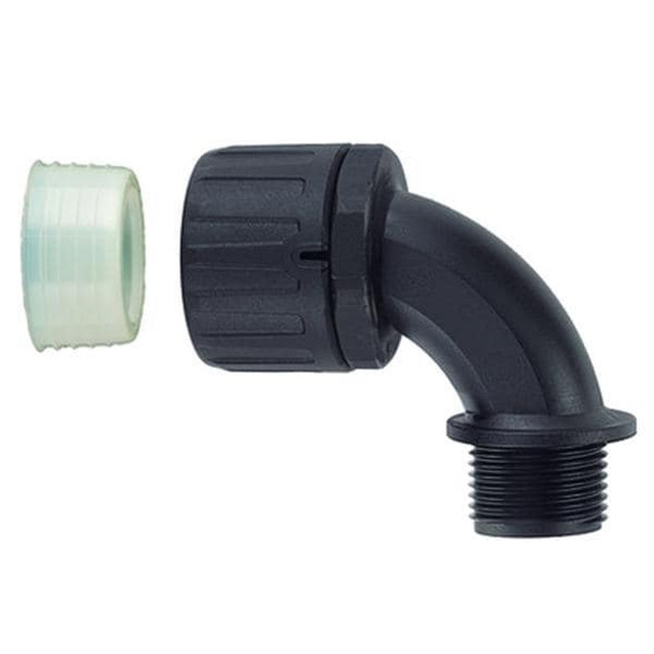 HellermannTyton 166-90905 Conduit Fittings & Accessories HelaGuard Non-Metallic IP68 Fitting, 90-Elbow, M20 Thread, 0.38" Dia, PA66, Black, 10/pkg | American Cable Assemblies