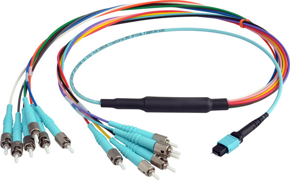 Camplex CMX-MTPMMST-003 MTP Elite PC Male to 12 ST PC External OM3 AQUA Multimode Fiber Breakout Cable-3 Foot | American Cable Assemblies