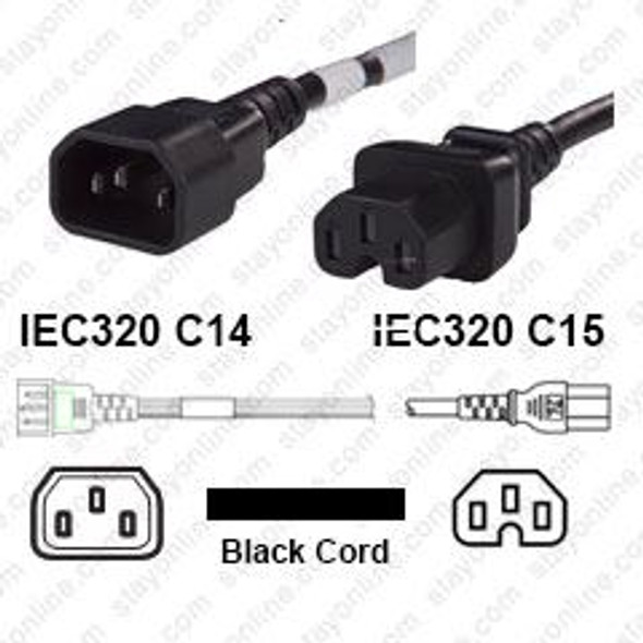 IEC320 C14 Male Plug to C15 Connector 2.5 meters / 8 feet 13A/250V 16/3 SJT Black - Power Cord