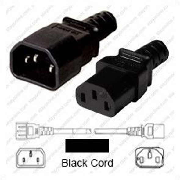 IEC320 C14 Male Plug to C13 Connector 0.6 meters / 2 feet 10A/250V 18/3 SJT Black - Power Cord