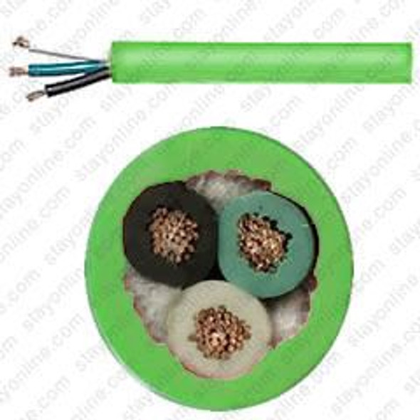 Bulk Cable Green Jacketed SJT Cord 18 AWG x 3 Conductor Color Code Green, White, Black cUL FT2 105* 300 Volt PVC Filler, 1 Foot Length