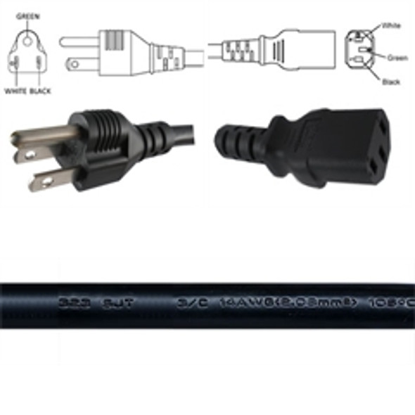 Custom Molded Power Cord - 5-15 BLACK Plug to C13 BLACK Connector 14AWG / SJT - 125 Volts - 15 Amps - BLACK Jacket 50 feet