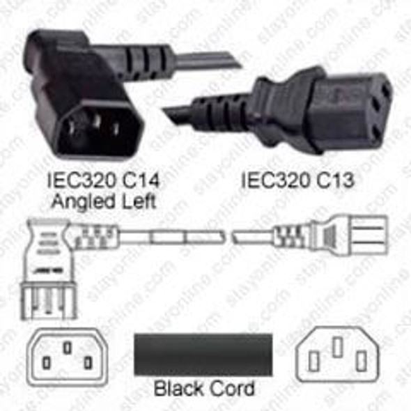 IEC320 C14 Male Plug Angled Left to C13 Connector 1.8 meters / 6 feet 10A/250V 18/3 SJT Black - Power Cord