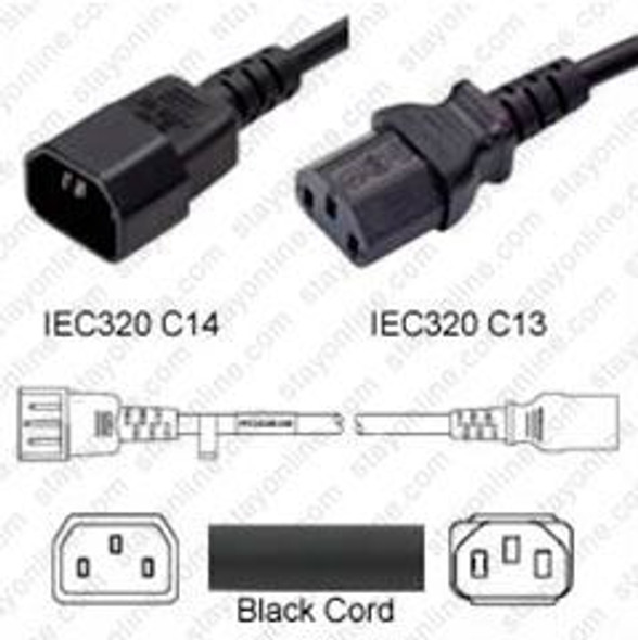 IEC320 C14 Male Plug to C13 Connector 1.8 meters / 6 feet 10A/250V 18/3 SJT Black - Power Cord Hanked