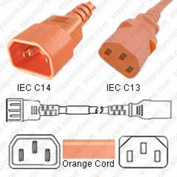 IEC320 C14 Male Plug to C13 Connector 1.8 meters / 6 feet 15A/250V 14/3 SJT Orange - Power Cord