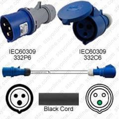 IEC60309 332P6 Male Plug to 332C6 Connector 3.0 meters / 10 feet 32A/250V H05VV-F3G4.0 Black - Power Extension Cord