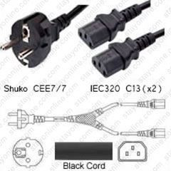 Schuko CEE7/7 Male Plug to 2 way IEC320 C13 Connectors 2.0 meters / 6.5 feet 10A/250V H05VV-F3G1.0 Black - Country Splitter Power Cord