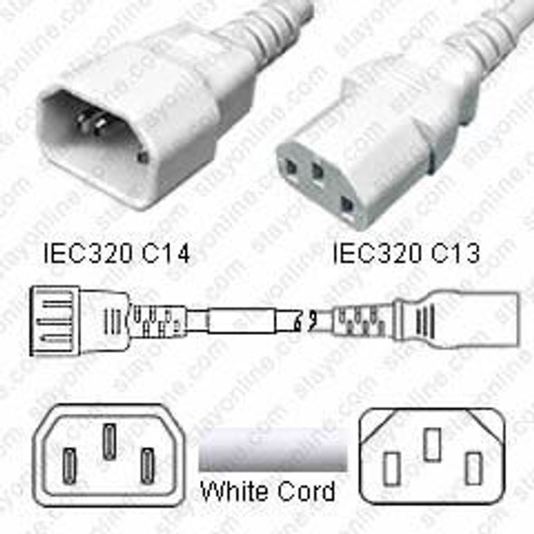 IEC320 C14 Male Plug to C13 Connector 3.7 meters / 12 feet 10A/250V 18/3 SJT White - Power Cord