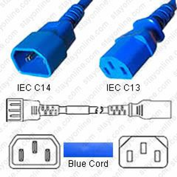 IEC320 C14 Male Plug to C13 Connector 4.5 meters / 15 feet 10A/250V 18/3 SJT Blue - Power Cord