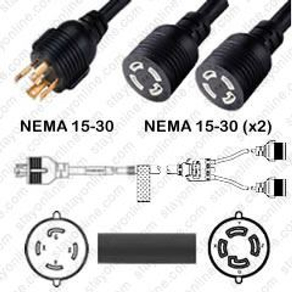 NEMA L15-30 Male Plug to 2 way L15-30 Connectors 2.5 meters / 8 feet 30A/250V 8/4 SOOW 24 inch legs Black - Splitter Power Cord
