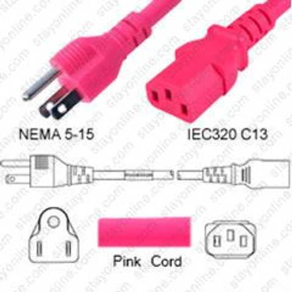 NEMA 5-15 Male Plug to IEC320 C13 Connector 4.5 meters / 15 feet 15A/125V 14/3 SJT Pink - Power Cord