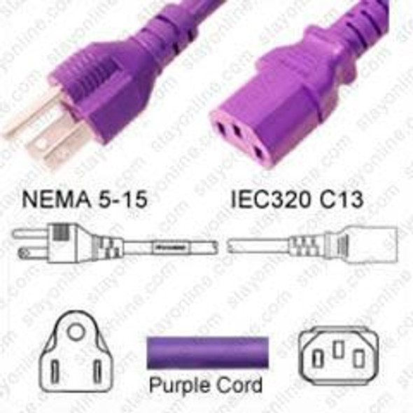 NEMA 5-15 Male Plug to IEC320 C13 Connector 2.5 meters / 8 feet 15A/125V 14/3 SJT Purple - Power Cord