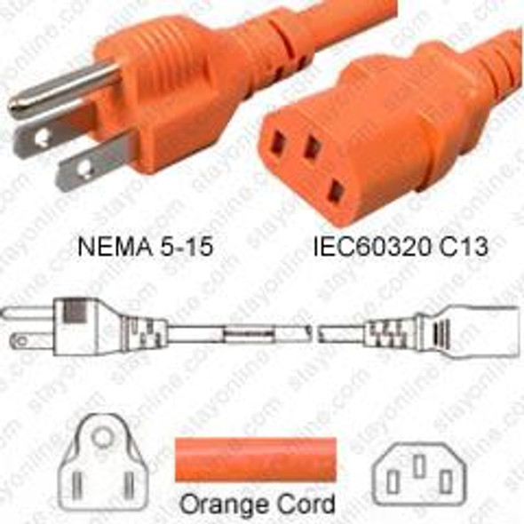 NEMA 5-15 Male Plug to IEC320 C13 Connector 1.5 meters / 5 feet 13A/125V 16/3 SJT Orange - Power Cord