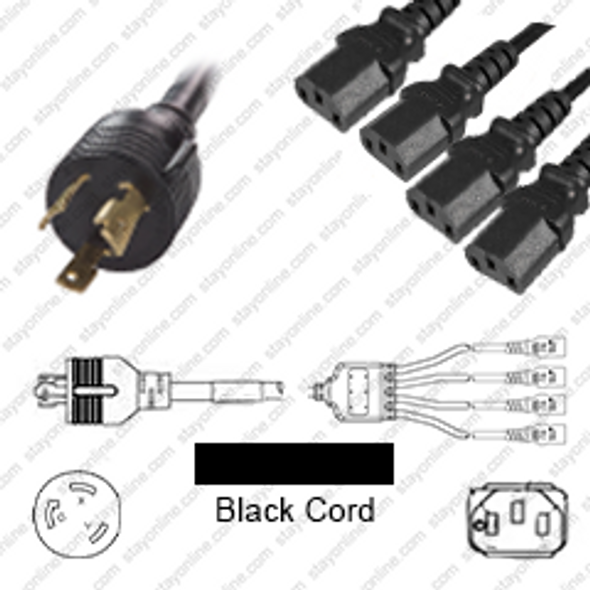NEMA L6-30 Male Plug to 4 way IEC320 C13 Connectors 0.9 meters / 3 feet 15A/250V 12/3 & 14/3 SJT 24 inch legs Black - Splitter Power Cord