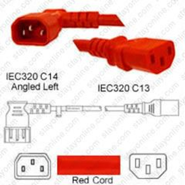 IEC320 C14 Male Plug Angled Left to C13 Connector 1.8 meters / 6 feet 10A/250V 18/3 SJT Red - Power Cord