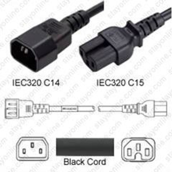 IEC320 C14 Male Plug to C15 Connector 3.0 meters / 10 feet 15A/250V 14/3 SJT Black - Power Cord Hanked
