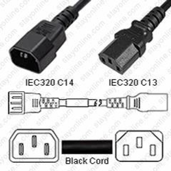 IEC320 C14 Male Plug to C13 Connector Shielded 0.9 meters / 3 feet 10A/250V 18/3 SJT Black - Power Cord