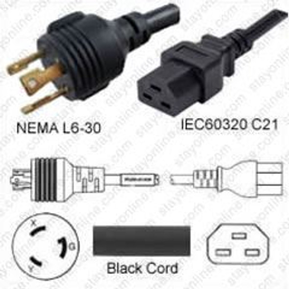 NEMA L6-30 Male Plug to 3 way IEC320 C21 Connectors 1.8 meters / 6 feet 20A/250V 12/3 SJT 24 inch legs Black - Splitter Power Cord