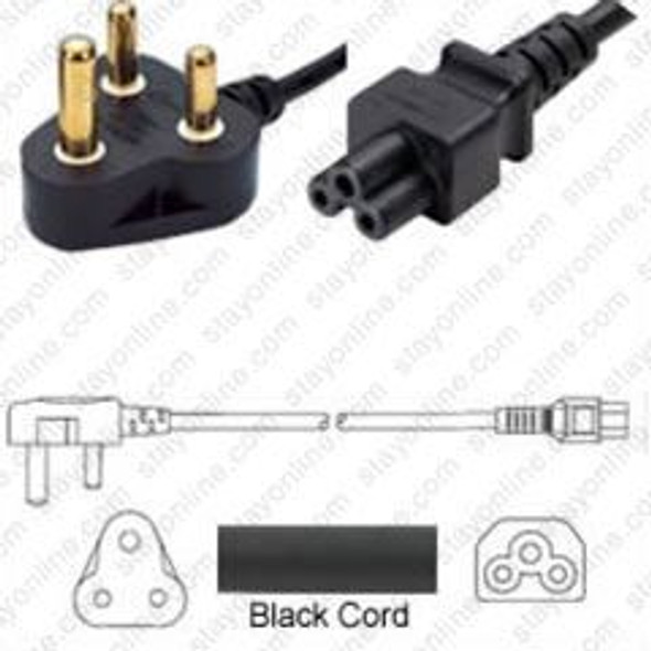 India IA16A3 Large Male Plug Angled Down to IEC320 C5 Connector 1.8 meters / 6 feet 2.5A/250V H05VV-F3G.75 Black - Country Power Cord Hanked