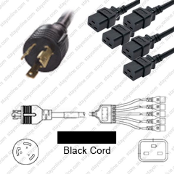 NEMA L6-30 Male Plug to 5 way IEC320 C19 Connectors 1.8 meters / 6 feet 20A/250V 10/3 & 12/3 SJT 24 inch legs Black - Splitter Power Cord